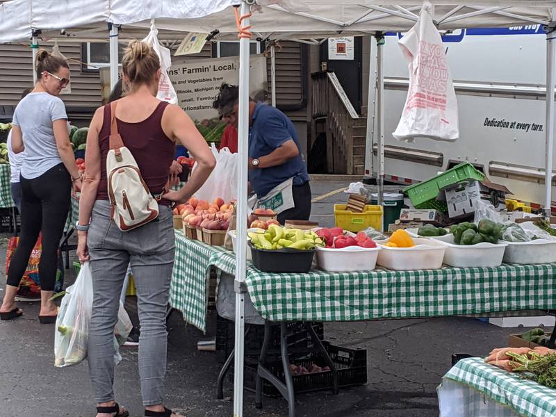 People visit the Six Generations Farm's stand at the Oswego Country Market on Aug. 13.
