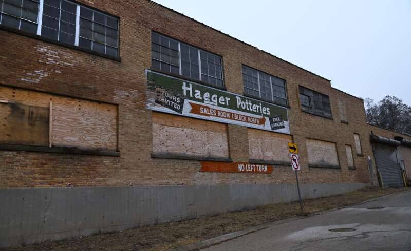 The shuttered Haeger Potteries building is shown in East Dundee.