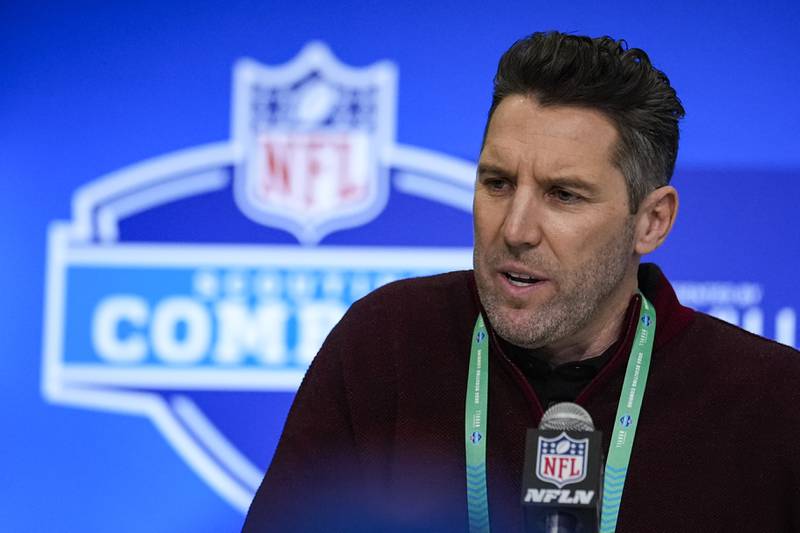 Washington Commanders general manager Adam Peters speaks during the NFL combine, Tuesday, Feb. 27, 2024 in Indianapolis.