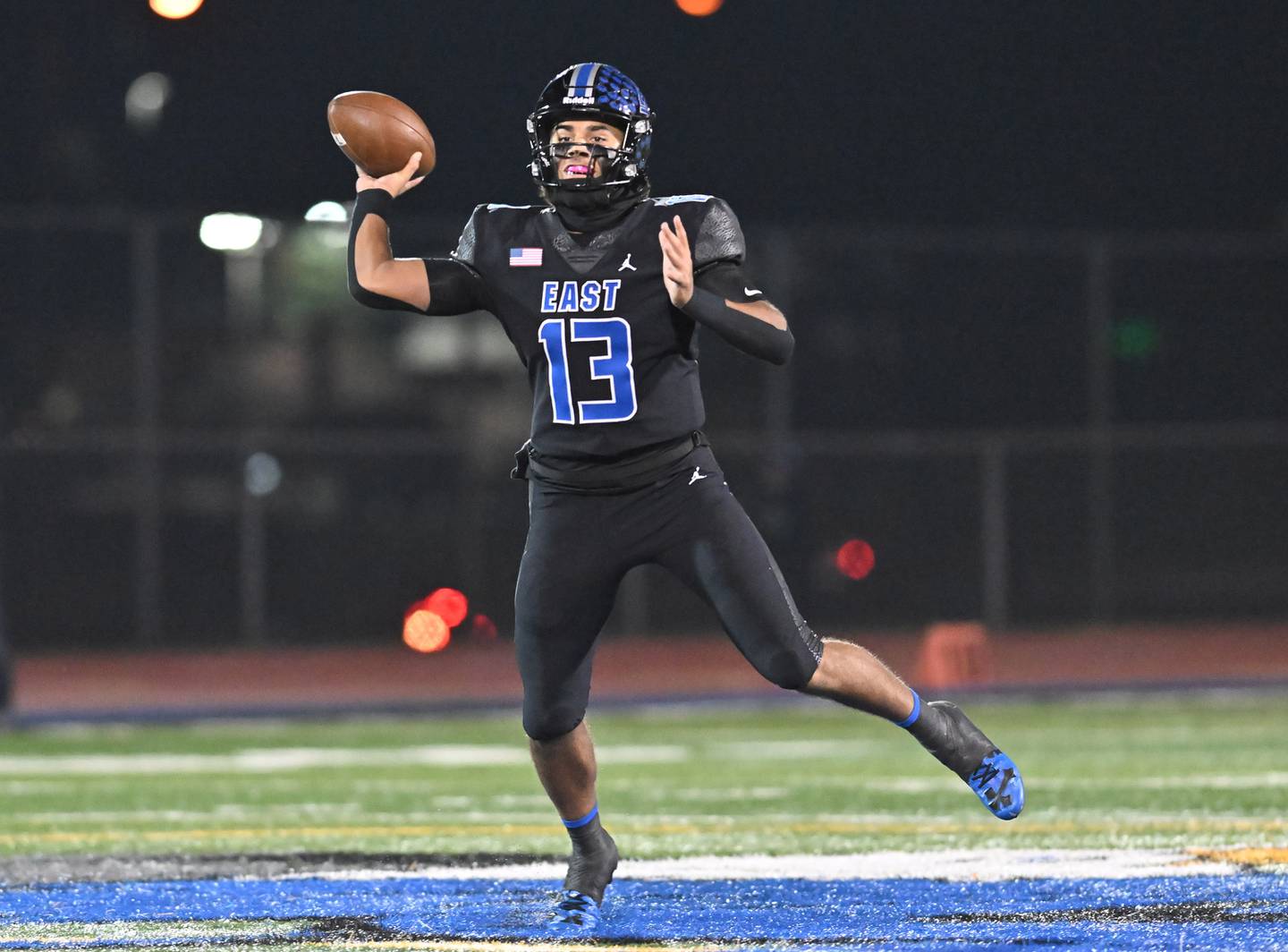 Lincoln-Way East's quarterback Jonas Williams (13) throws a pass during the IHSA Class 8A Quarterfinals game against Stevenson on Friday, Nov. 15, 2024, at Frankfort. (Dean Reid for Shaw Local News)