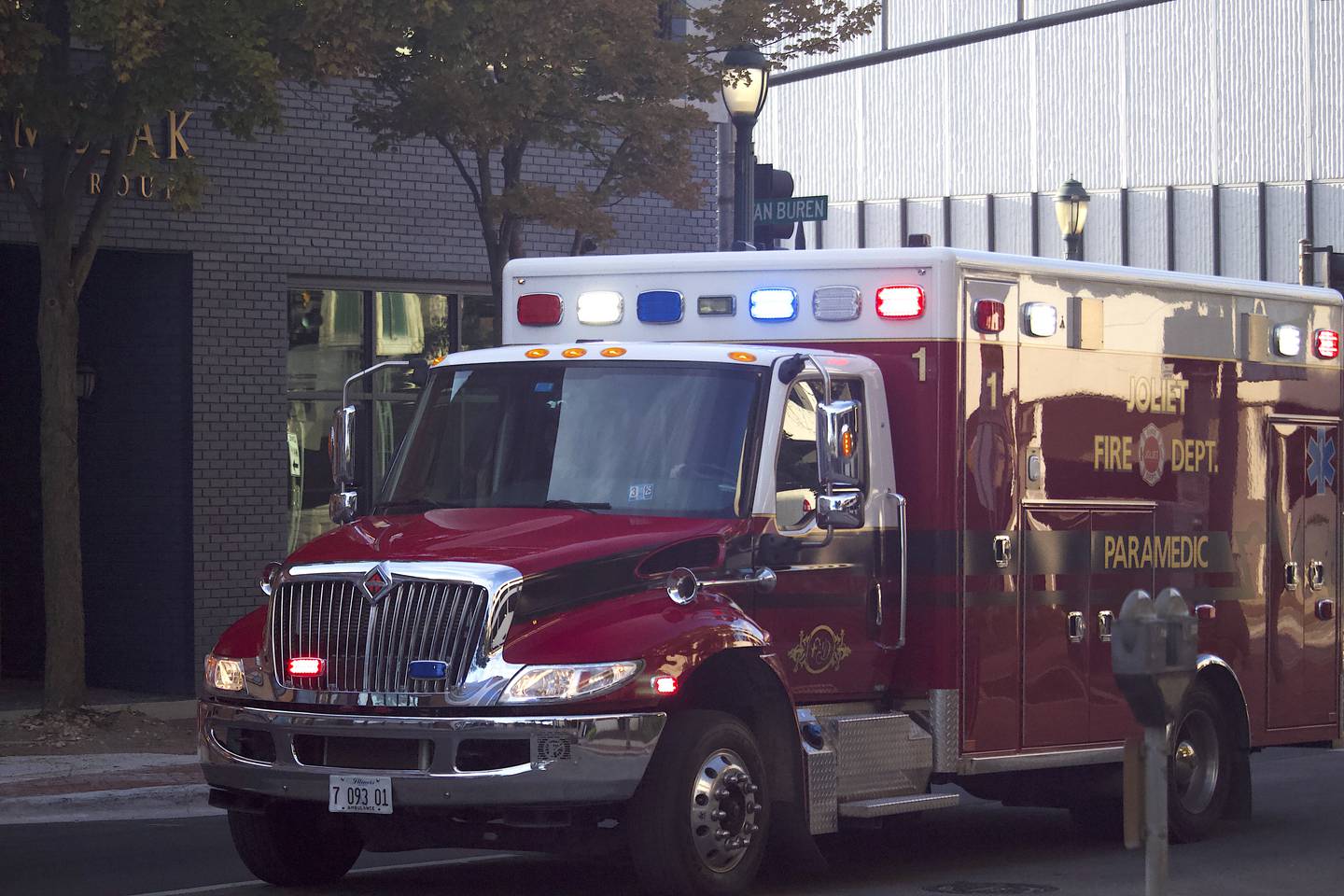 A Joliet Fire Department ambulance traveling through Ottawa Street on Saturday, Sept. 14, 2024, in Joliet.