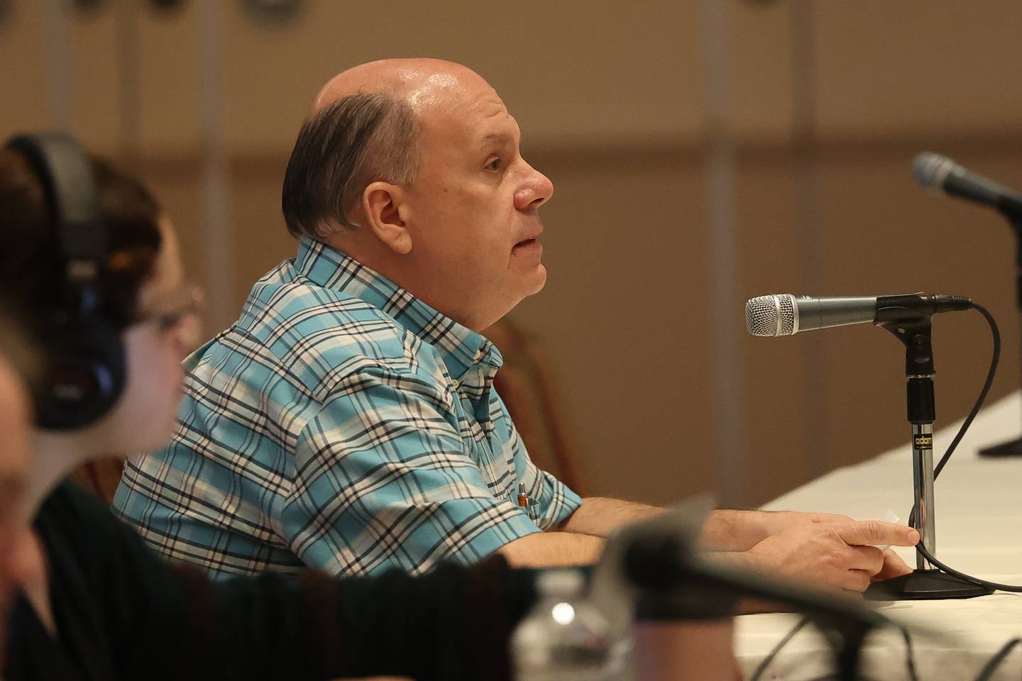 Chuck Simpson speaks out against the sale of the Dekalb County Rehab and Nursing Center – a facility he has worked at for the past 33-years – at the Illinois Health Facilities and Services Review Board meeting on Thursday, July 27, 2023 in Bolingbrook.