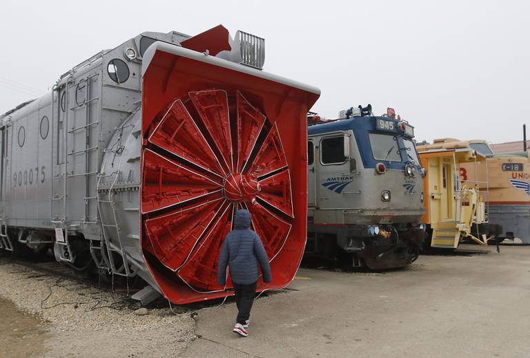 A boy at a train snow blower on Saturday, Jan. 21, 2023, at the Illinois Railway Museum. The museum is celebrating its 70 anniversary with the first of many celebrations by commemorating the 60 years since the abandonment of the Chicago North Shore and Milwaukee Railroad.