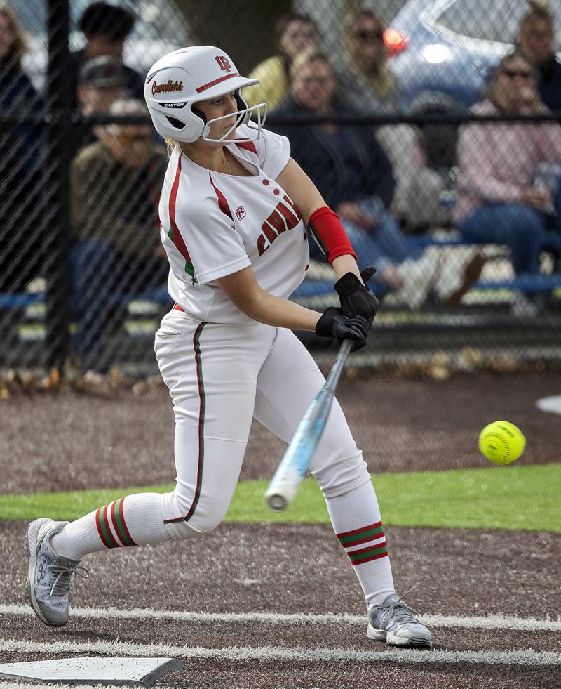 Lasalle-Peru’s Karmen Piano drives in the first run of the night against Sterling Tuesday, May 19, 2026, at the Class 3A softball regionals at Sterling.