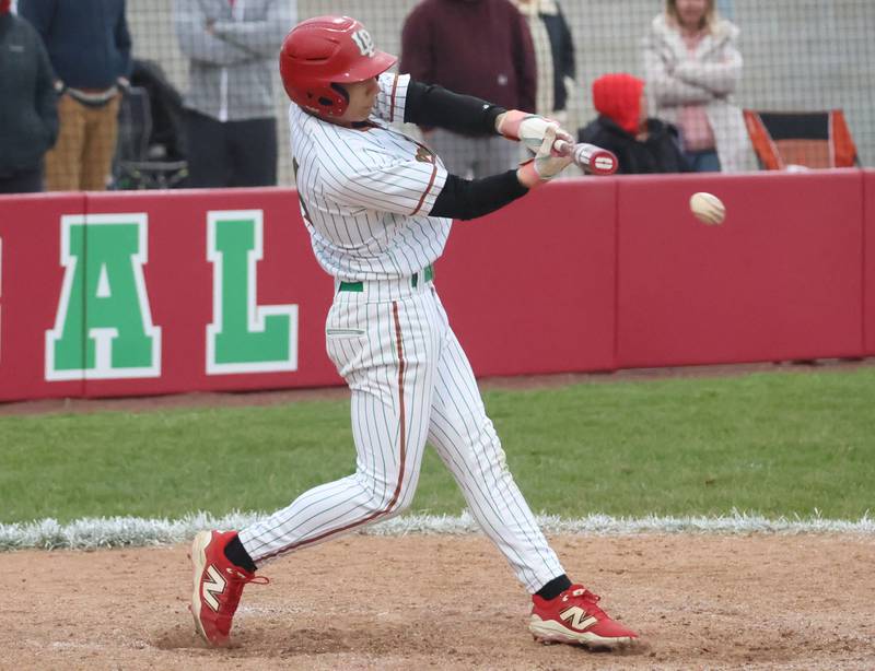 L-P's Adan Pantoja makes contact with the ball against Ottawa on Thursday, April 30, 2026 at Huby Sarver Field in the L-P Athletic Complex in La Salle.