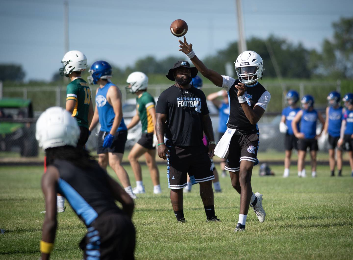 A Kankakee player makes a pass during the 7 on 7 football event at Central High School on Saturday, July 12, 2025.