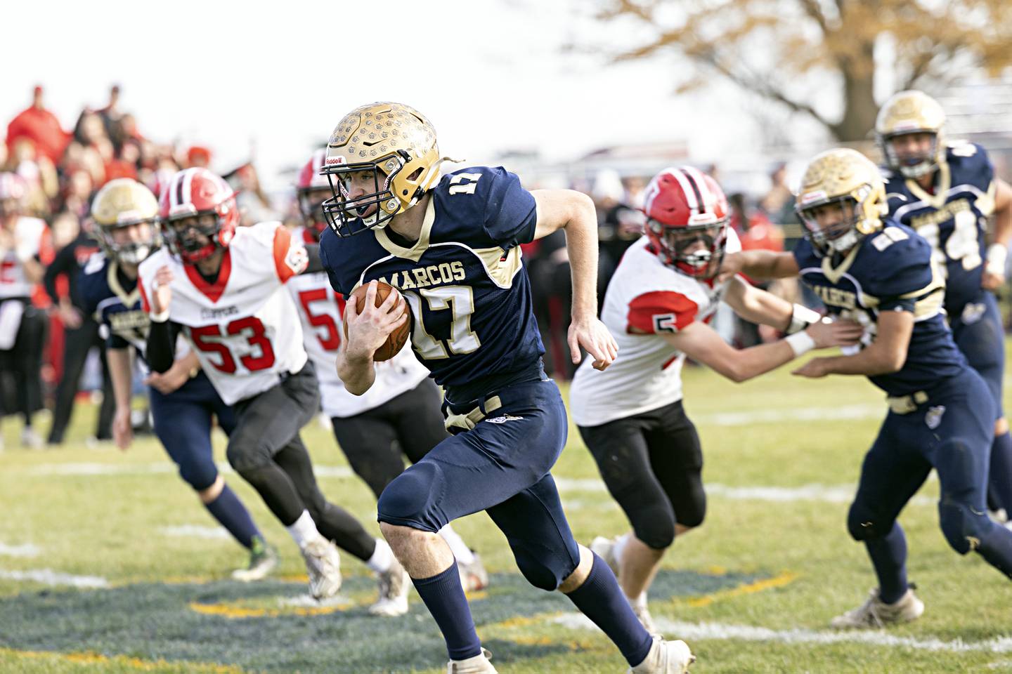 Polo’s Brock Soltow picks up big yards against Amboy Saturday, Nov. 11, 2023 during a semifinal 8-man football game in Polo.