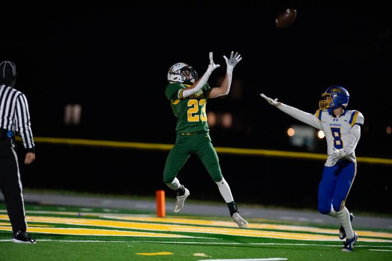 Coal City's Gavin Berger catches a pass resulting in a touchdown during the first round IHSA class 4A playoffs against Johnsburg on Friday Nov. 1, 2024 at Coal City High School