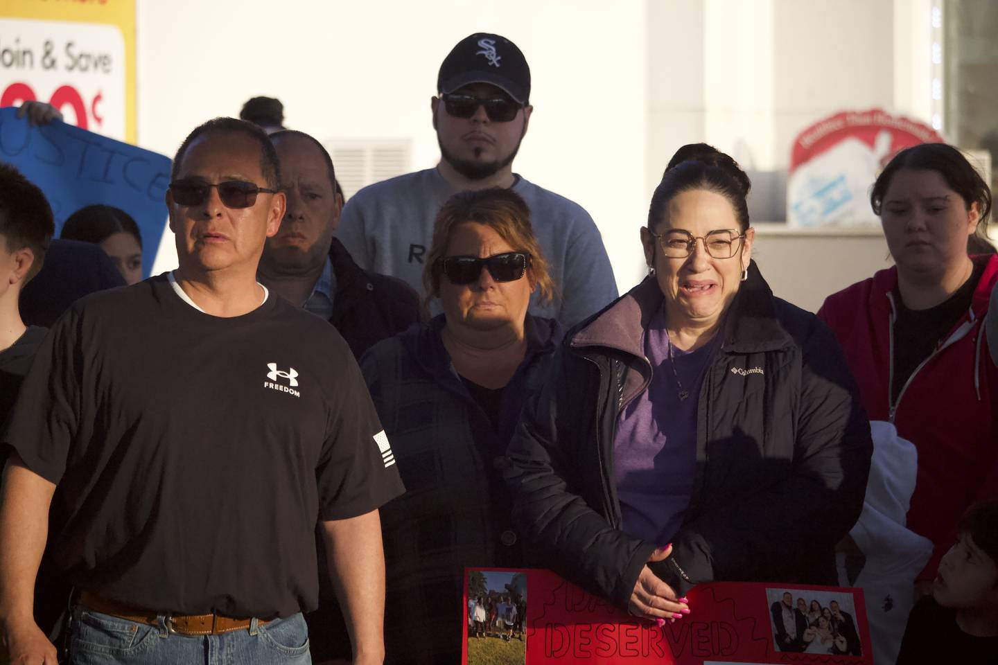 David Palacios (left), the father of David Malito, 39, and Kimberly Malito (left), the mother, at a prayer vigil and protest for their son on Monday, May 5, 2025, at Shell gas station, 401 S. Larkin Avenue, Joliet.
