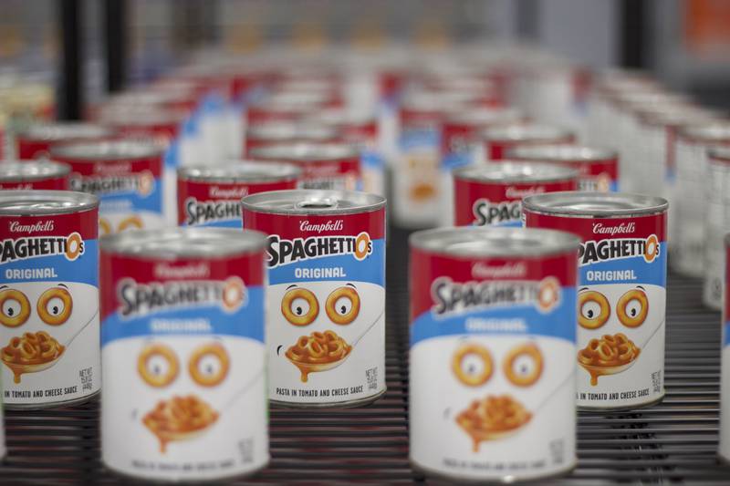 Cans of SpaghettiOs seen on Monday, April 21, 2025, at the food pantry at the Joliet Township Forest Park Community Center food pantry.