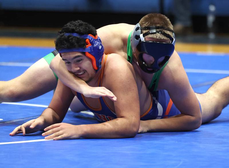 Rock Falls’ Broxyn Surratt pins Genoa-Kingston's Andrew Rocha Thursday, Jan. 16, 2025, during their 190 pound match at Genoa-Kingston High School.