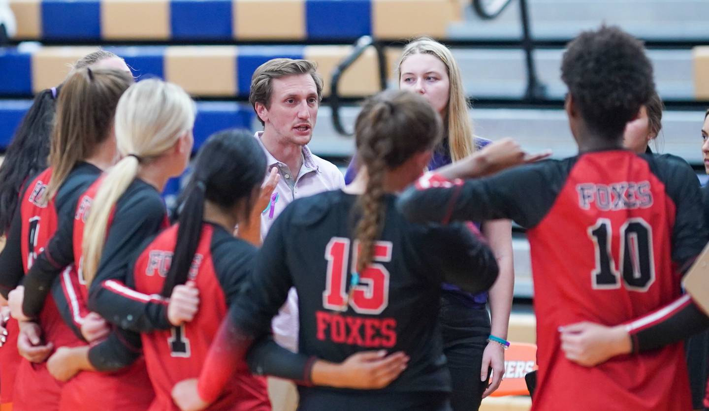 Yorkville's head coach Ryan Donato talks to his team during a time-out against Oswego during a volleyball match at Oswego High School on Thursday, Sept. 14, 2023.