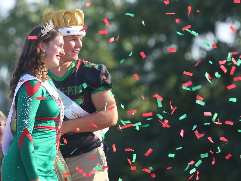 L-P homecoming queen Claire Boudreau and king Gus Konieczki ride through confetti during the L-P homecoming parade on Thursday, Oct. 2, 2025 downtown La Salle