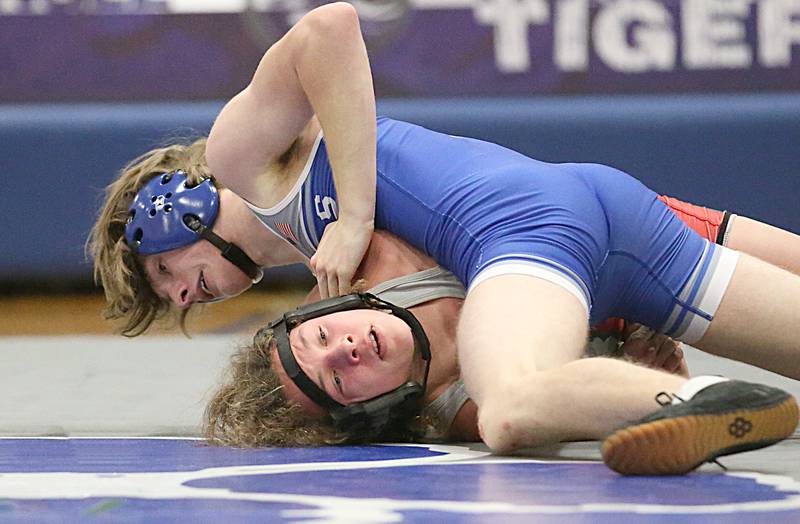 L-P's Rylynd Rynkewicz wrestles Princeton's Justin DePauw on Thursday, Jan. 19, 2023 at Princeton High School.