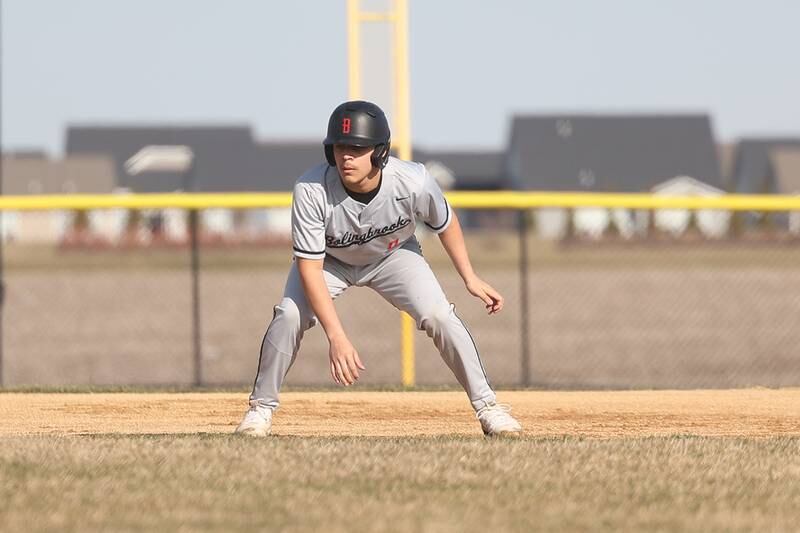 Bolingbrook’s Jonny Carrera leads off against Plainfield East on Monday, March 27, 2023.