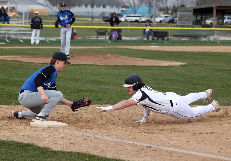 Sycamore's Tyler Lojko is picked off at first base as St. Charles North's Ty Heimbuch applies the tag during their game Thursday, April 10, 2025, at the Sycamore Park District Sports Complex.