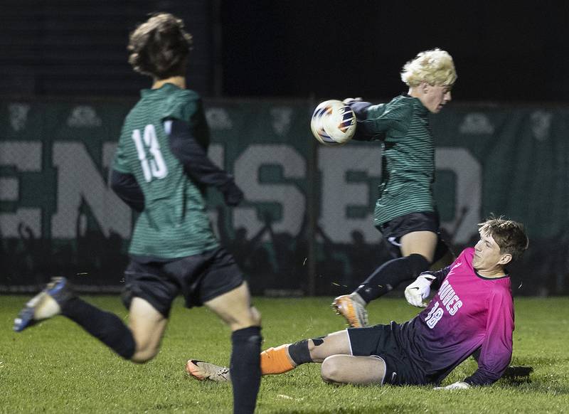 Dixon goalie Ethan Bond stops a shot by Geneseo’s Cole Clifton Wednesday, Oct. 23, 2024, during the class 2A soccer regional in Geneseo.