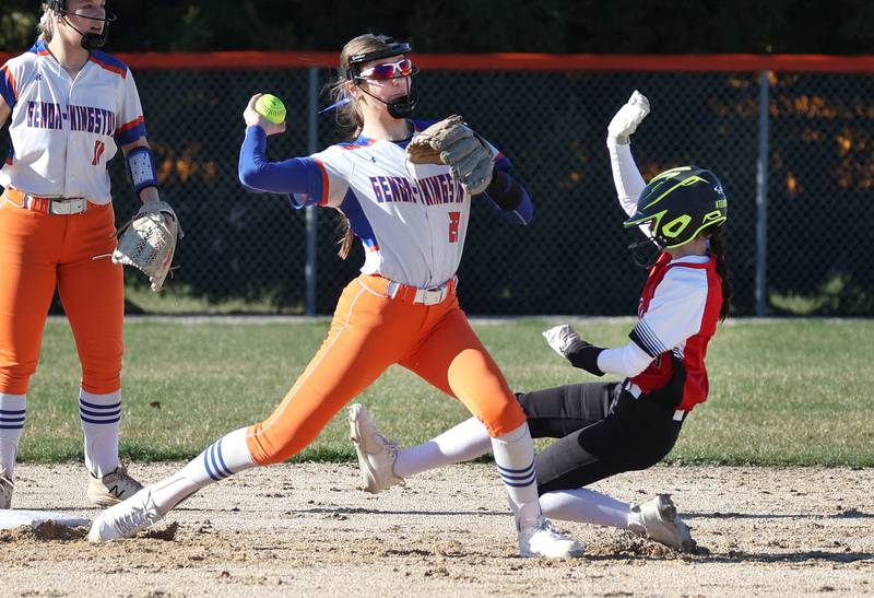 Genoa-Kingson's Faith Thompson turns a double play as Forreston’s Ayla Kiper slides in trying to break it up during their game Friday, March 15, 2024, at Genoa-Kingston High School.