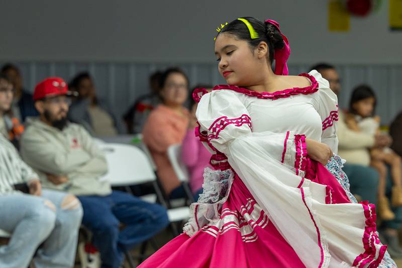 Inocencia Madrigal performs dance at the 'Where Our Paths Meet' screening event on Sunday, Sep 7, 2025 at Diaz Banquet Center in Mendota.