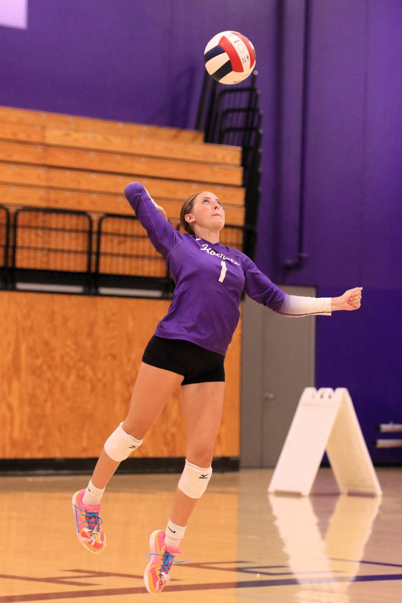 Rochelle's Emma Metzger serves the ball during the Hubs' match with North Boone on Tuesday, Sept. 9, 2025.