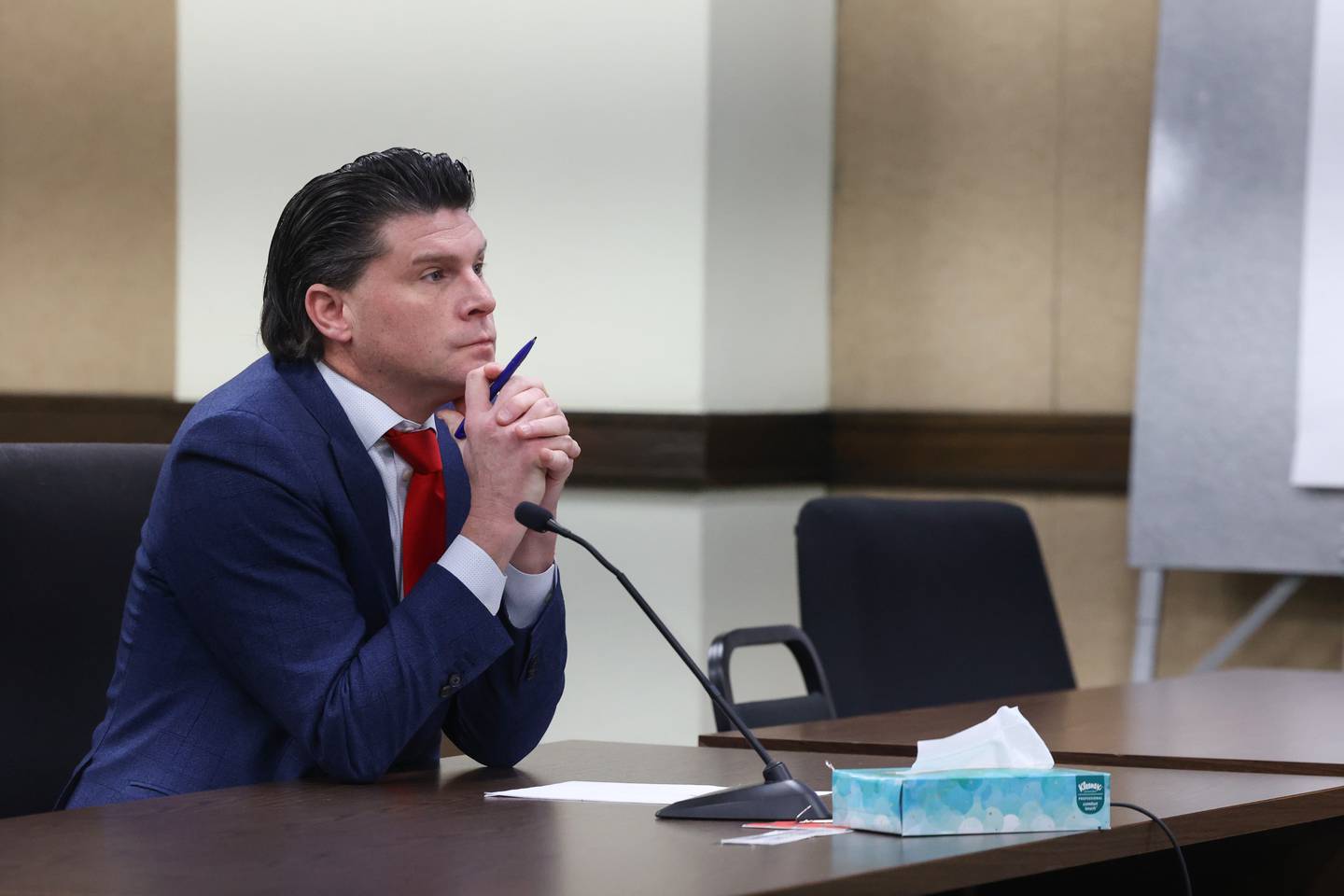 Joe Cainkar, attorney for the village of Manteno, listens to Circuit Judge Lindsay Parkhurst during the Concerned Citizens of Manteno vs. Village of Manteno & Gotion Inc. status of compliance with case management hearing in the 21st Judicial Court in Kankakee on Wednesday, Feb. 4, 2026.