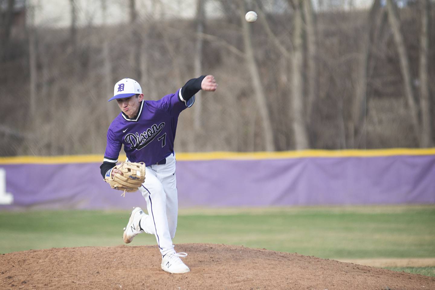 Dixon’s Gage Burdick fires a pitch in the second inning Monday, March 28, 2022 against Rockford Christian.