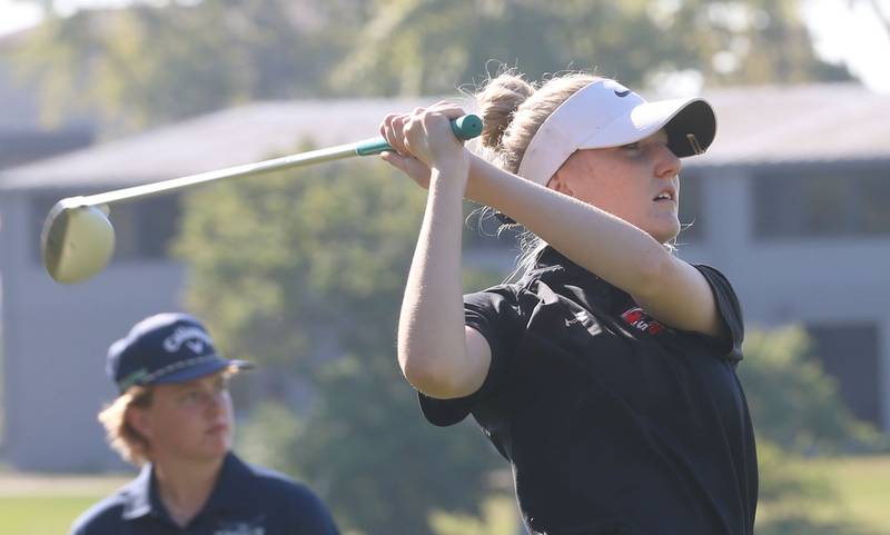 Henry-Senachwine's Lexi Rowe tees off during the Class 1A Regionals on Tuesday, Sept. 30, 2025 at Spring Creek Golf Course in Spring Valley.