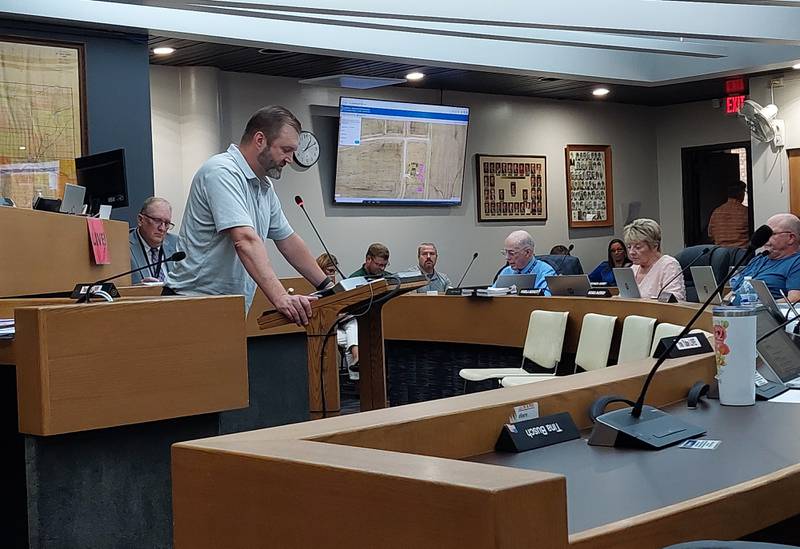 Luke Tomsha, founder of Perfectly Flawed Foundation, talks Thursday, Aug. 10, 2023, to the La Salle County Board about approaches to helping residents with drug addiction.