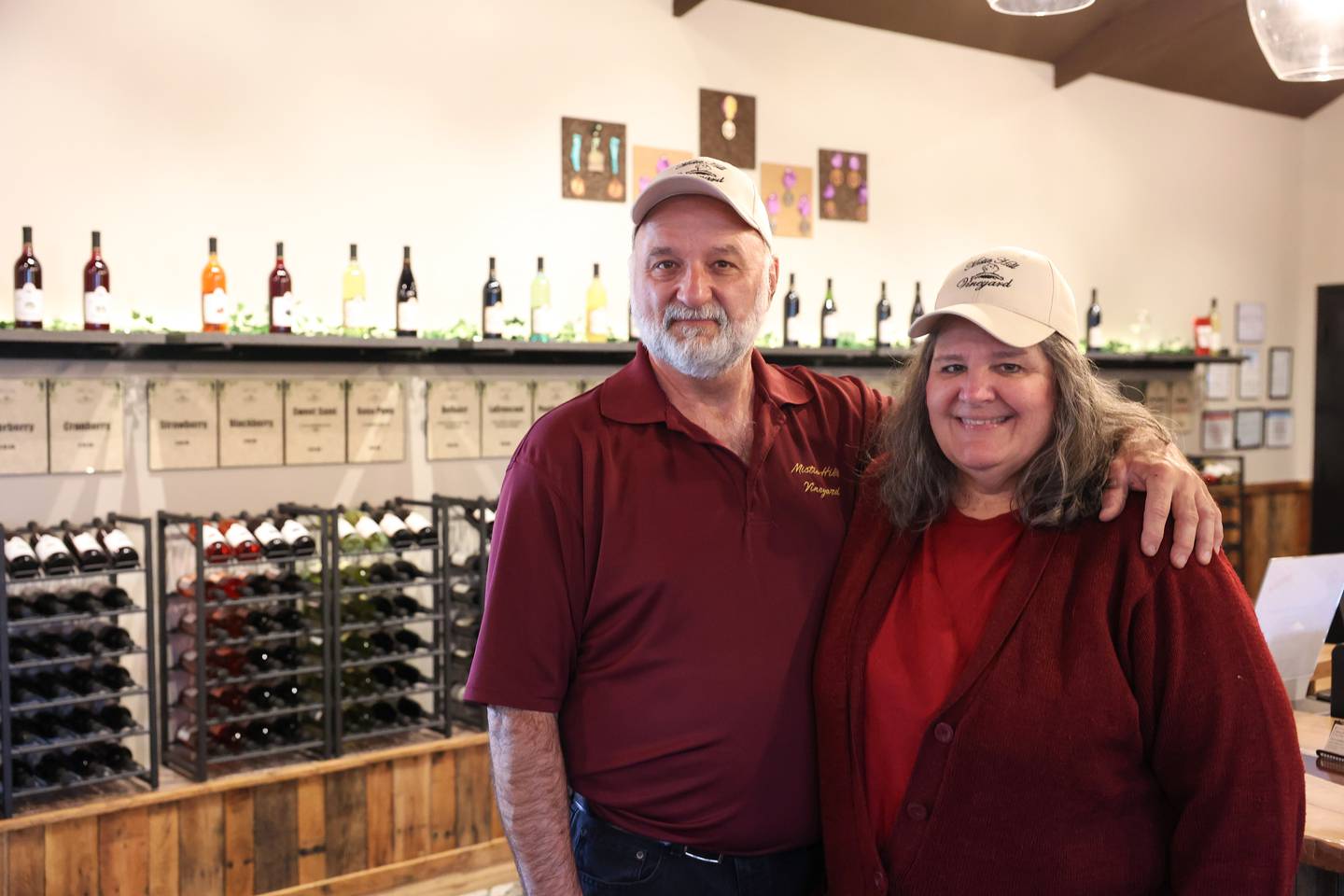 Rich and Debbie Strylowski, owners of Mistie Hill Vineyard, stand in the new tasting room at their Custer Park winery.