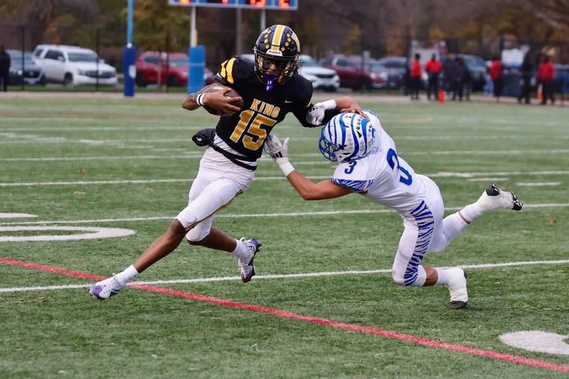 Princeton's Ace Christiansen tries to chase down King quarterback Javon Lewis in Saturday's game in Chicago. The Tigers won 34-16.