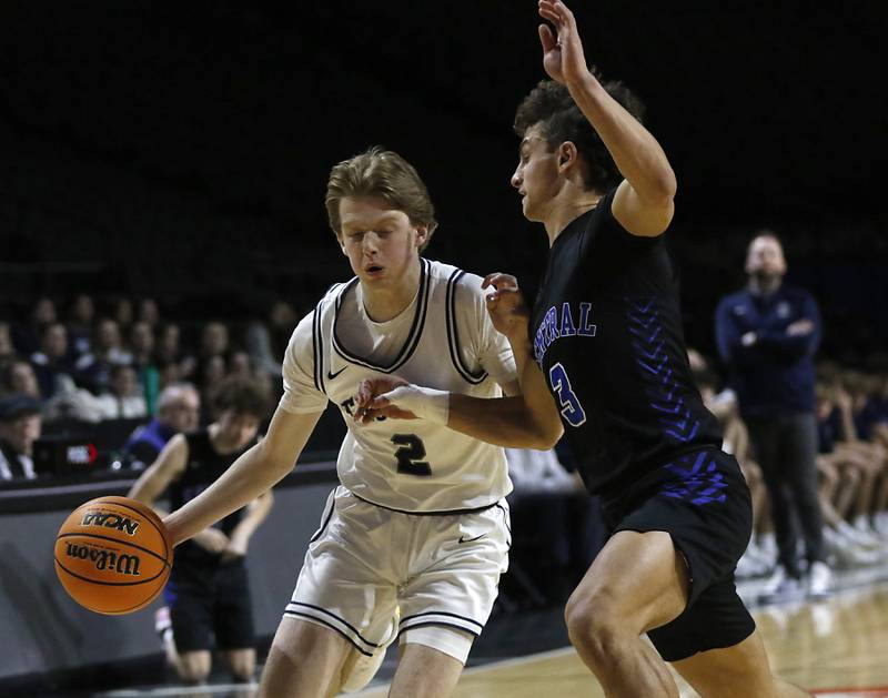 Cary-Grove's AJ Berndt brings the ball up the court against Burlington Central's LJ Kerr during a Fox Valley Conference basketball game on Tuesday, Jan. 14, 2025, at Now Arena in Hoffman Estates.