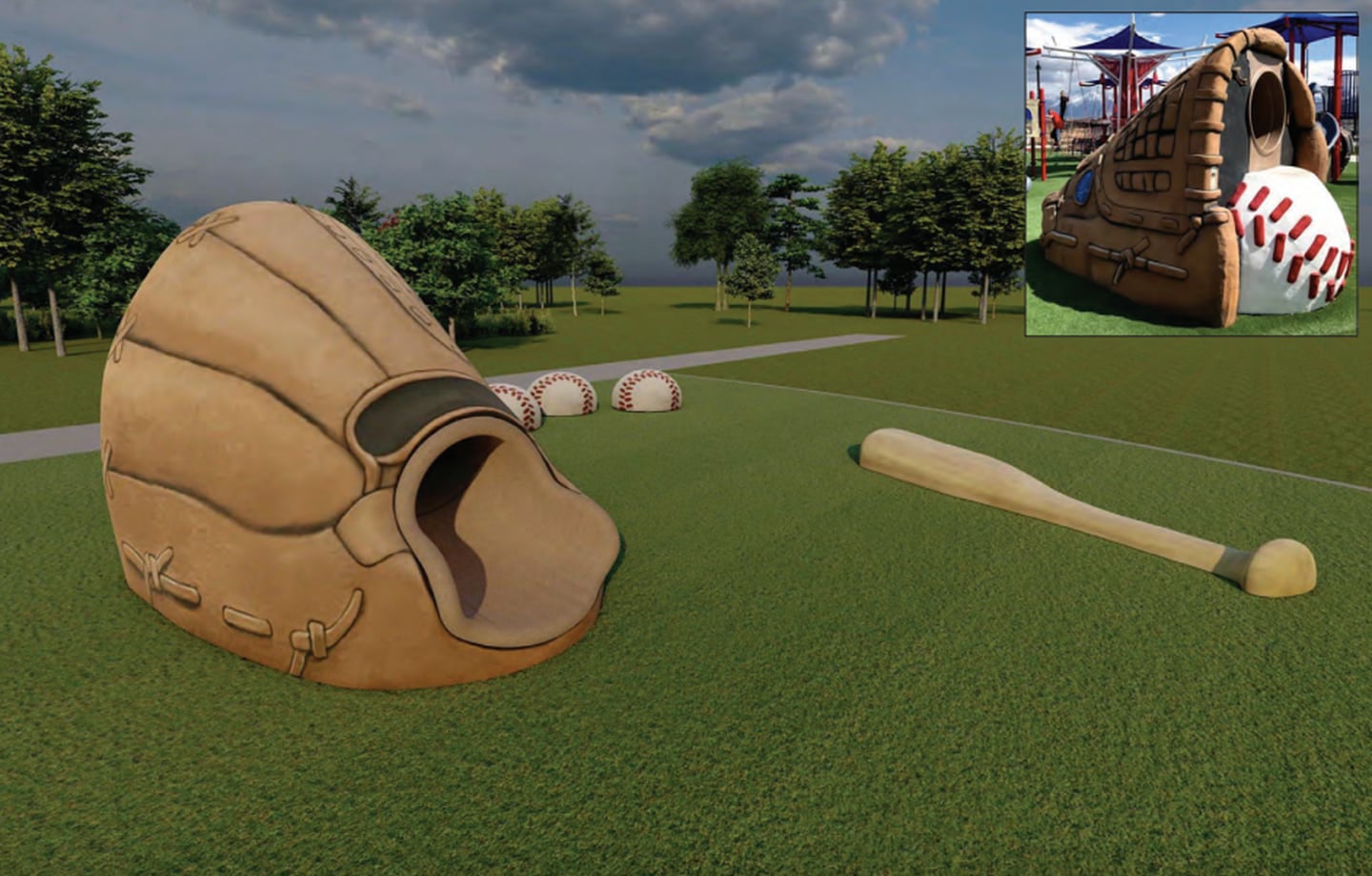 Some of the playground is customized specifically for Presidential Park, like the climbers shaped like larger-than-life baseball mitts and bats.