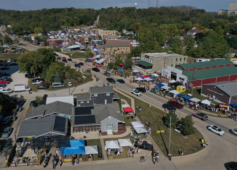 An aerial view of the crowd at the corner of Illinois Route 178 and Johnson Street during the 55th annual Burgoo Festival on Sunday, Oct. 12, 2025 in Utica.