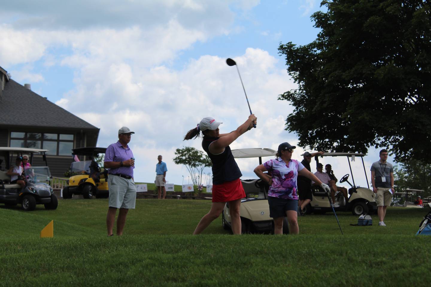 Mandy Hinkey of Timber Creek Golf Course in Dixon tees off from hole No. 10 in a playoff for runner-up honors Saturday, July 8, 2023, during the Women’s Lincoln Highway tournament at Lake Carroll Golf Course in Lanark. Hinkey lost on the playoff to Kishwaukee’s Kim Kester, but finished first in the event’s second flight with a +30.
