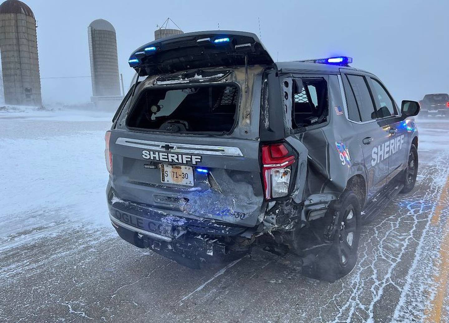 An Ogle County Sheriff's Deputy suffered minor injuries after his squad was rear ended by a pick up truck during the winter storm.