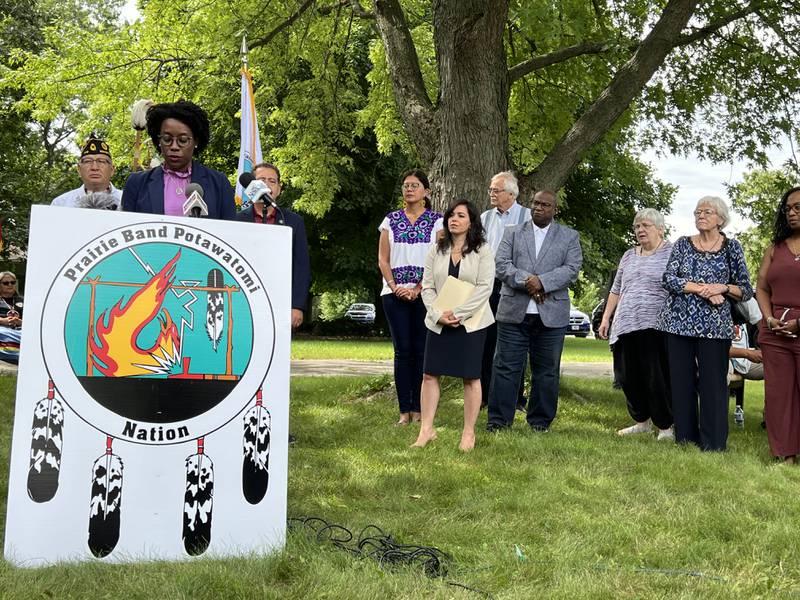 Members of the DeKalb County board listen to U.S. Rep. Lauren Underwood, Democrat of Naperville at a press conference in Shabbona on Thursday, Aug. 11 2022