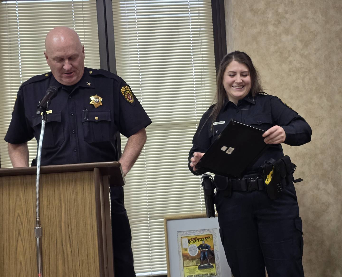 Princeton Police Chief Tom Kammerer (left) introduces new officer Taylor Wetsel on Monday, May 5, 2025, during the Princeton City Council meeting at City Hall.