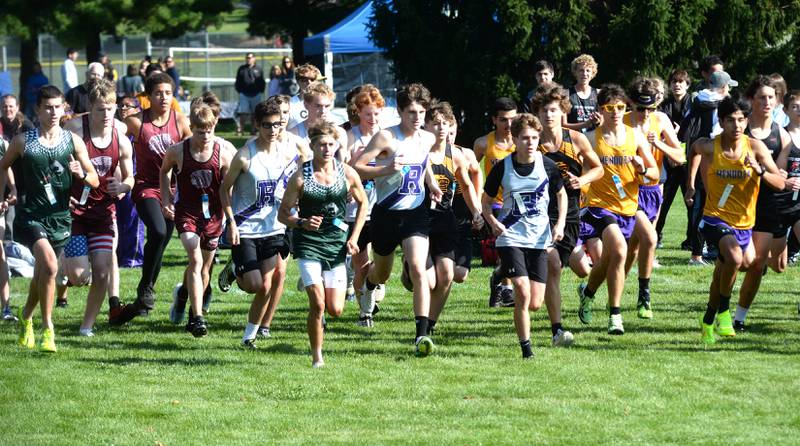 Rochelle and Mendota runners start the boys race at the Oregon Cross Country Open on Saturday, Sept. 6, 2025 at Oregon Park West.