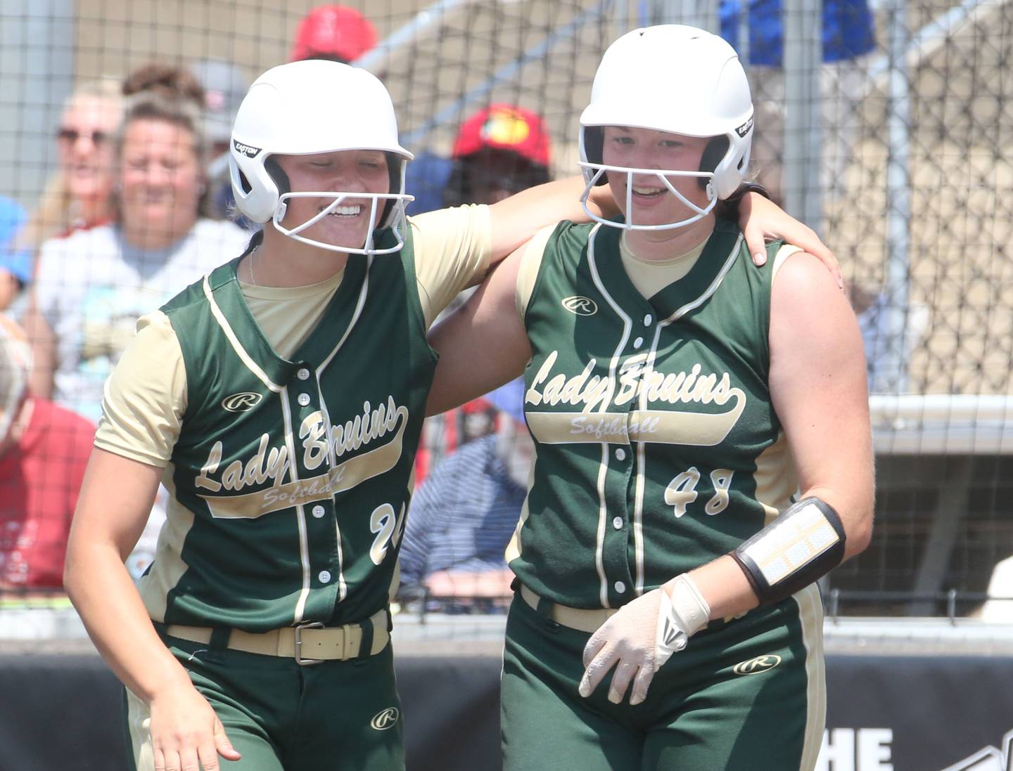 St. Bede's Ella Hermes smiles with teammate Reagan Stoudt after scoring against Illini Bluffs in the Class 1A State championship game on Saturday, June 3, 2023 at the Louisville Slugger Sports Complex in Peoria.