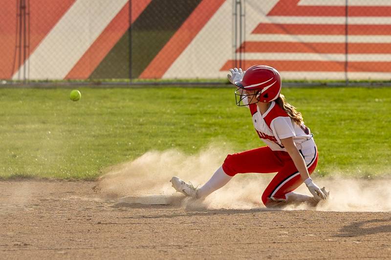 Kieran Black (00) of Streator slides into second base on Wednesday, April 16, 2025 at Streator High School in Streator.