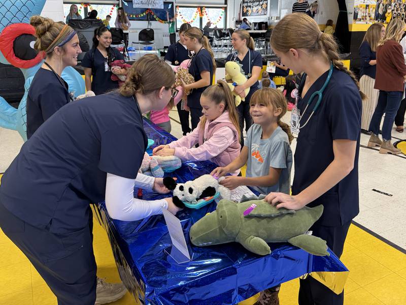 Grundy Area Vocational Center students help a Nettle Creek Elementary student conduct a check-up on their stuffed animal.