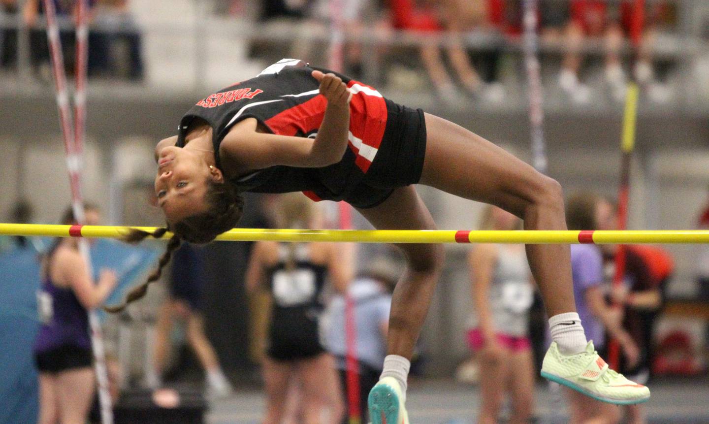 Forreston’s Letresse Buisker competes in the 1A high jump finals during the IHSA Girls State Championships in Charleston on Saturday, May 21, 2022.