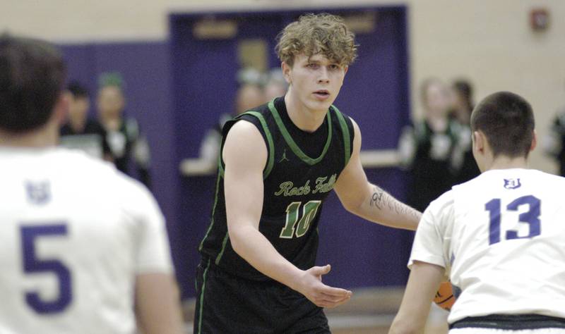 Rock Falls' Kultim Heald looks downcourt. Dixon hosted Rock Falls in boys basketball Friday, February 14, 2025 at Lancaster Gym at Dixon High School. Rock Falls won a hard fought game 48-46.