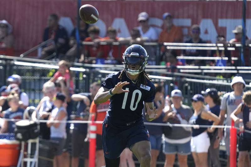 Chicago Bears wide receiver Chase Claypool catches a ball during the team's training camp, Thursday, July 27, 2023, in Lake Forest.