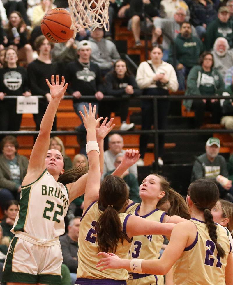 St. Bede's Ella Hermes shoots a jump shot over Serena's Paisley Twait during the Class 1A Sectional final game on Thursday, Feb. 22, 2024 at Gardner-South Wilmington High School.