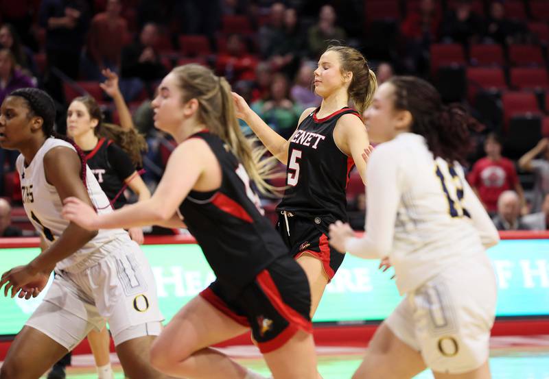 Benet Academy's Lenee Beaumont (5) watches as her last second shot misses during the IHSA Class 4A girls basketball championship game at the CEFCU Arena on the campus of Illinois State University Saturday March 4, 2023 in Normal.