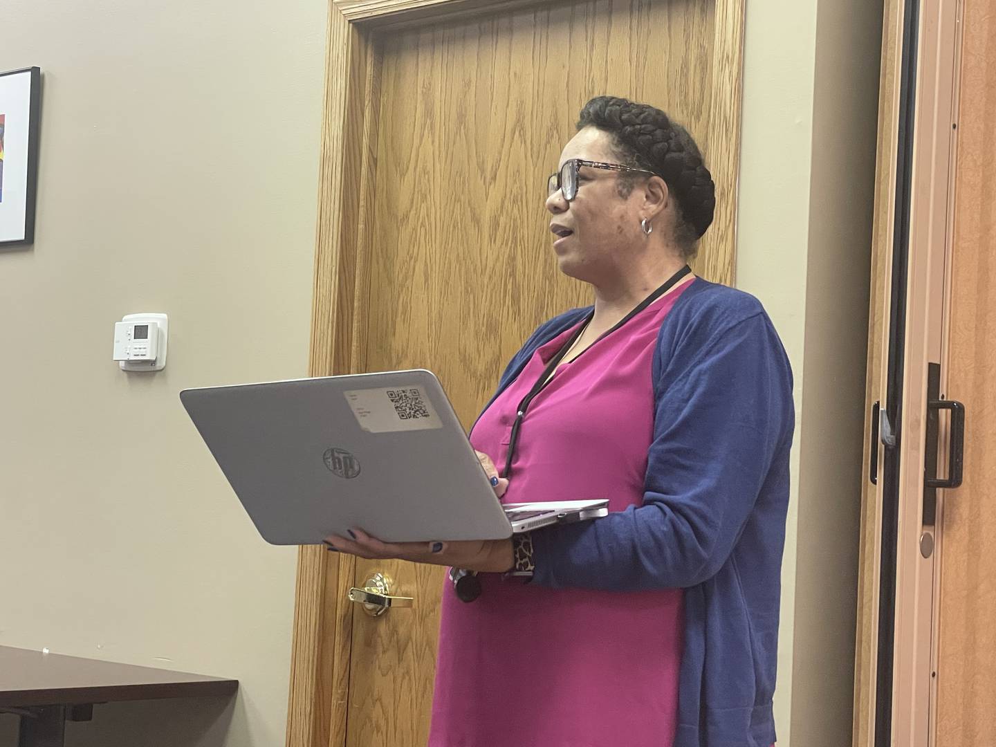 Deetra Sallis delivers a report at the Sept. 20, 2022 meeting of the DeKalb District 428 school board. Sallis is the district's director of human resources.