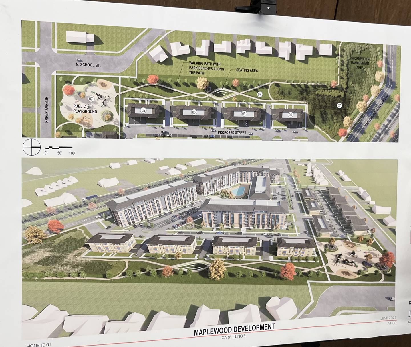 A rendering of the updated conceptual plan for the Maplewood development in Cary.