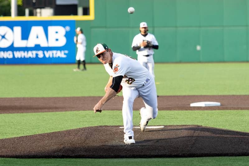 Gunnar Kines pitches during the home opener of the Joliet Slammers on Friday, May 8, 2026.