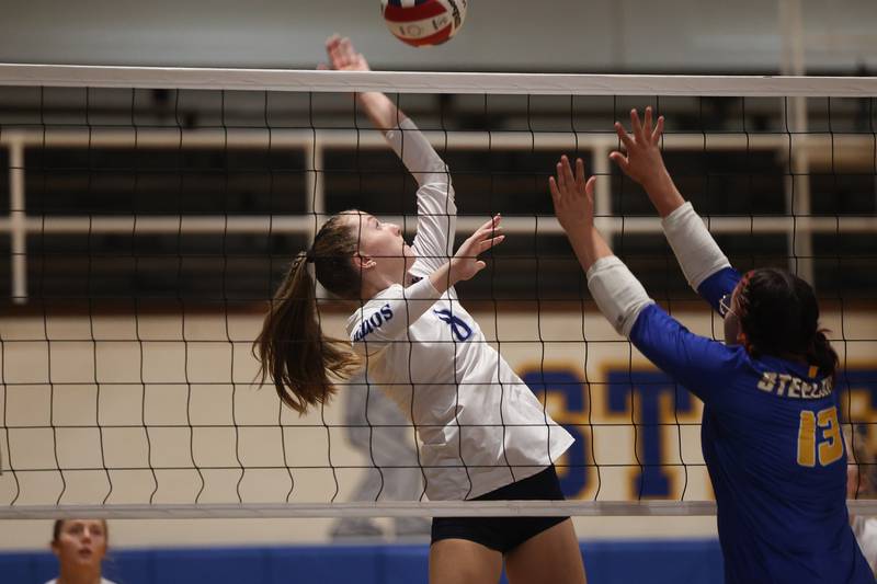 Plainfield South’s Sami Lanan goes up for the kill against Joliet Central on Thursday, Sept. 7, 2023 in Joliet.